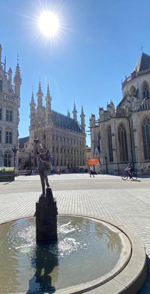 KULeuven famous fountain with the town house at the back on a sunny day